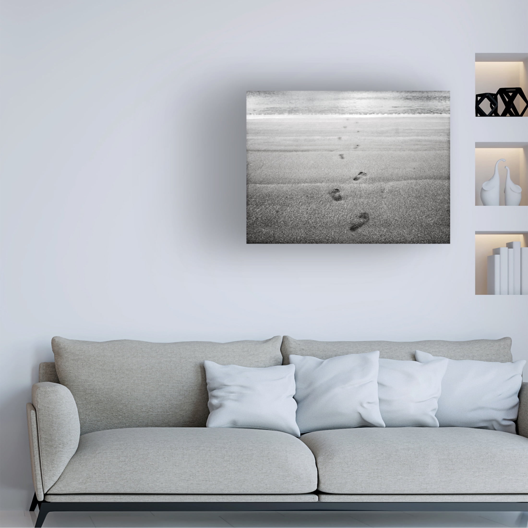 Canvas Wall Art - Tom Quartermaine 'Black and White Footsteps on the Beach' Wall Art for Living Room, Bedroom, or Office Décor by Trademark Fine Art - 24 x 18 Inches