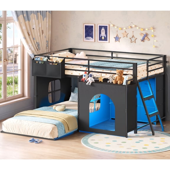 Bunk Bed Twin Over Twin with 9 Drawers, LED Lights & Inclined Ladder, Metal Bunk Bed with Safety Guardrail, L-Shaped Twin Bunk Beds with Under-Bed Space, Curtain, Side Pocket, Open Shelves, Black