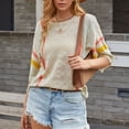 thumbnail image 3 of Suéter de punto casual de moda con cuello redondo y rayas de media manga para mujer Albaricoque L, 3 of 6