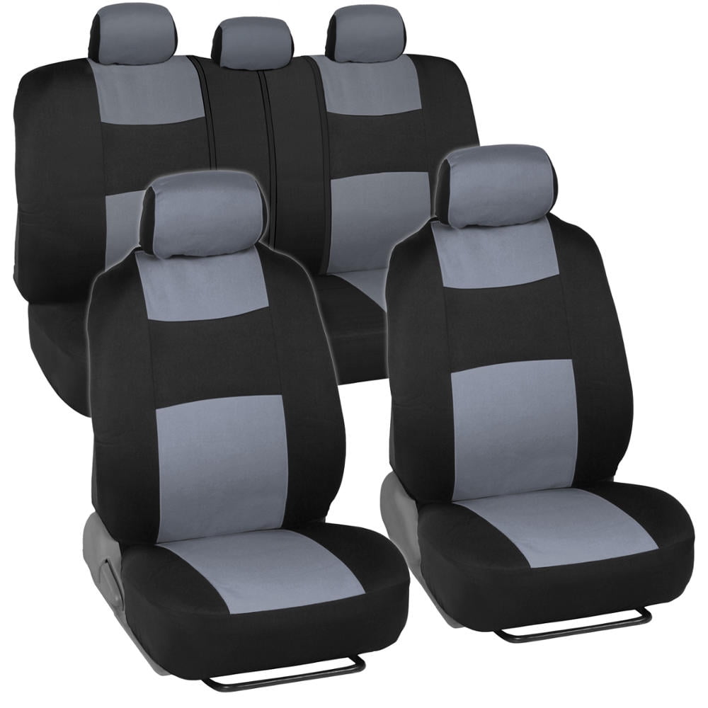 Black/Gray BDK Two-Tone PolyCloth Car Seat Covers w/Motor Trend Dual-Accent Heavy Duty Rubber Floor Mats 