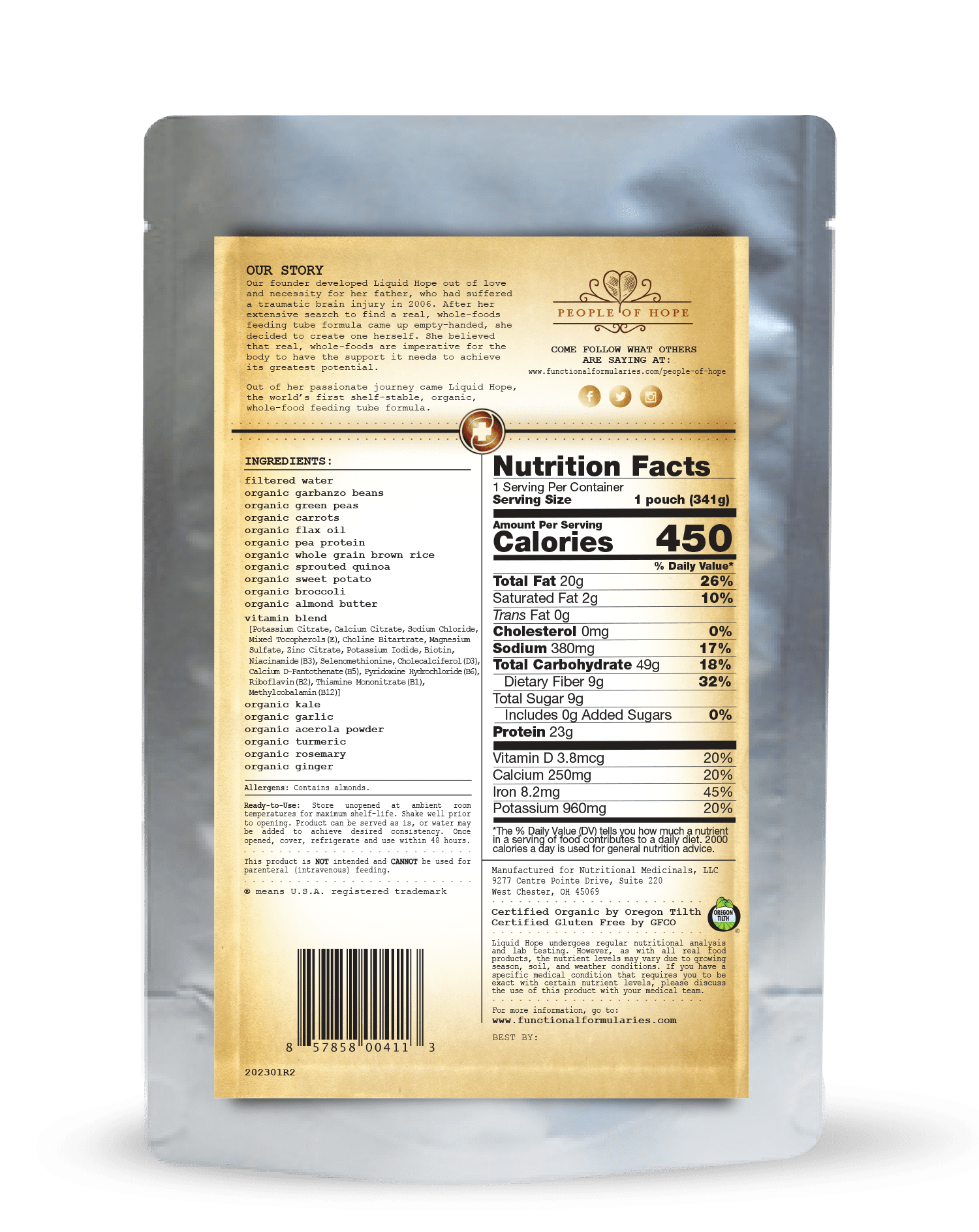 Functional Formularies Liquid Hope Organic Whole Foods Meal Replacement, Original Formula, 12 oz. Pouch, 24 Count