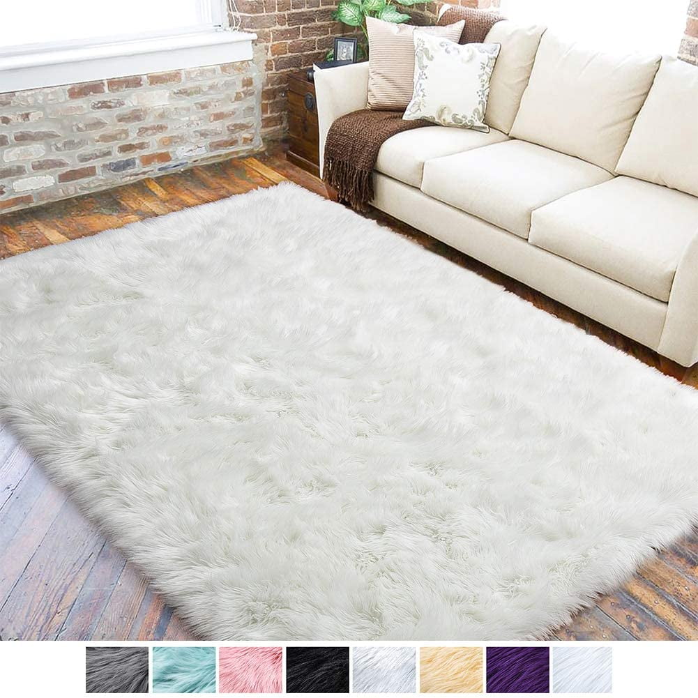 Stylish Fluffy Rug White Faux Fur Sheepskin Area Rugs for Bedroom, Soft