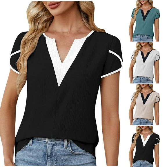 Olyvenn Women's Dressy Casual Blouses Business Casual Work Top Color Block V Neck Cap Sleeve Shirts Summer 2025 Beige XXL
