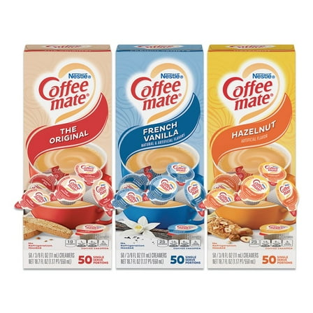 Coffee-Mate 12408209 0.38 oz. Mini Cups Liquid Coffee Creamer - French Vanilla/Hazelnut/Original (150/Carton)