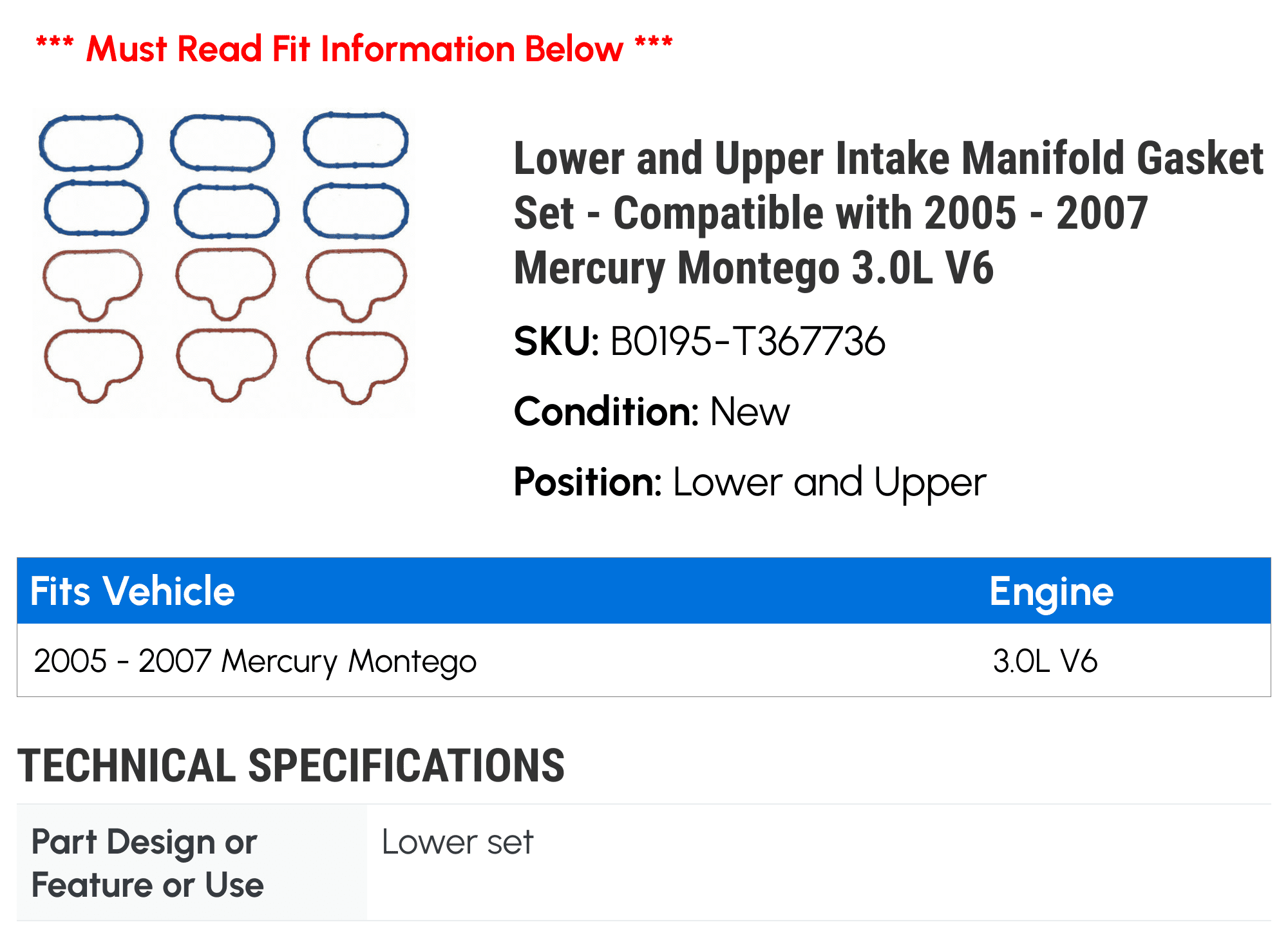 Lower and Upper Intake Manifold Gasket Set - Compatible with 2005 - 2007 Mercury Montego 3.0L V6 2006