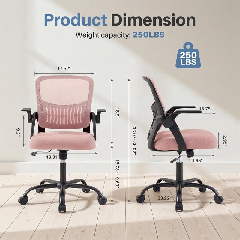 Simenmax Ergonomic Office Chair, Home Desk Computer Mesh Chair with Flip-Up Arms, Breathable Mid Back Chair for Small Spaces, Pink