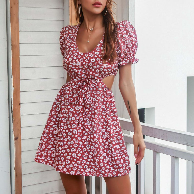 EQWLJWE Mothers Day Dresses for Women Ladies Summer Fashion Casual Puff  Sleeve Show Waist Floral Dress Holiday Clearance 