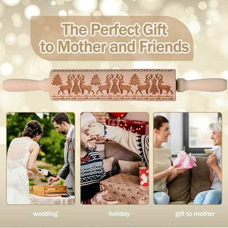

Engraved Embossing Wooden Rolling Pin with Christmas Elk Pattern for Baking Cookies Kitchen DIY Tool
