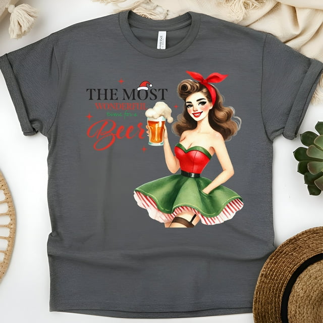 T-Shirt Graphique Amateur de Bière / Rétro Pin-Up Fille Drôle, Gris Foncé, Taille P