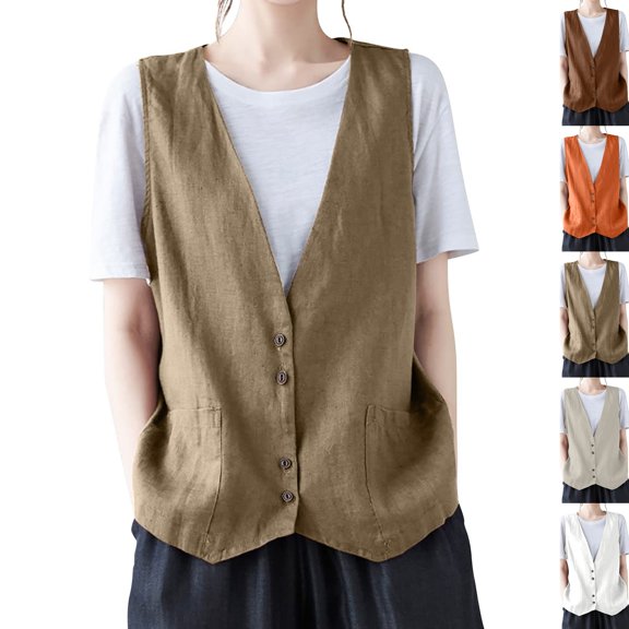 Cotton Linen Vest For Women 2026 Fashion Sleeveless Button Down Jacket Lightweight Summer Loose Vests Outerwear,Khaki 2XL