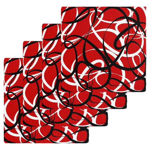Red Geometric Kitchen Dish Towels for Drying Dishes Set of 4, Modern Abstract Black White Striped Lines Waffle Weave Microfiber Hand Tea Bathroom Towels Quick Dry & Absorbent Towel 12x12
