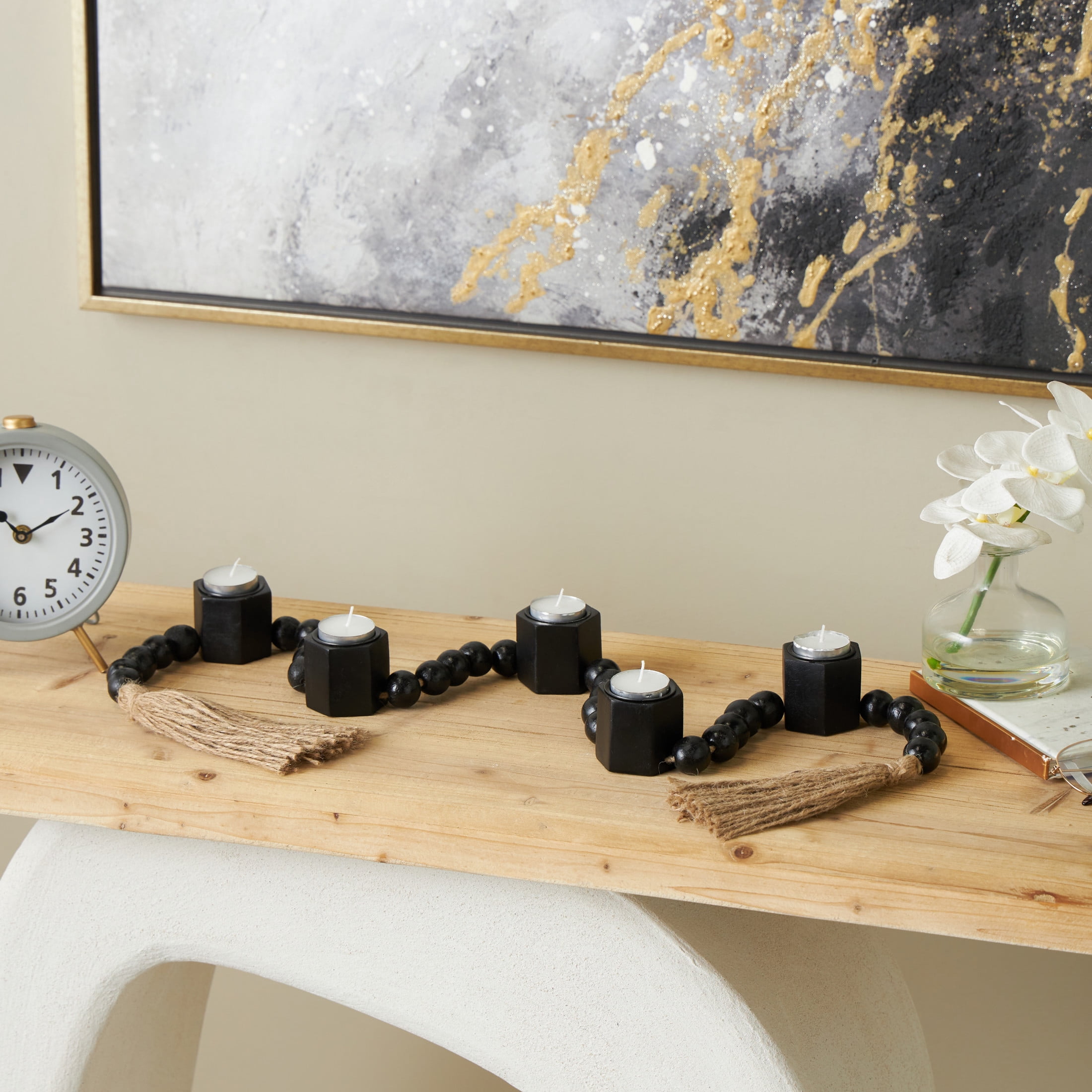 DecMode 5 Candle Black Mango Wood Hexagon Garland Candle Holder with Brown Tassel