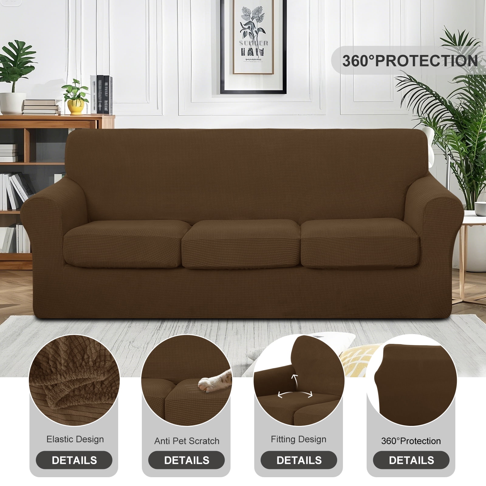 Luxshare Home Stretch Couch Cover for 3 Cushion Furniture Protector Sofa Covers Washable Pet Non Slip cover with Elastic Bottom(Sofa/Brown)