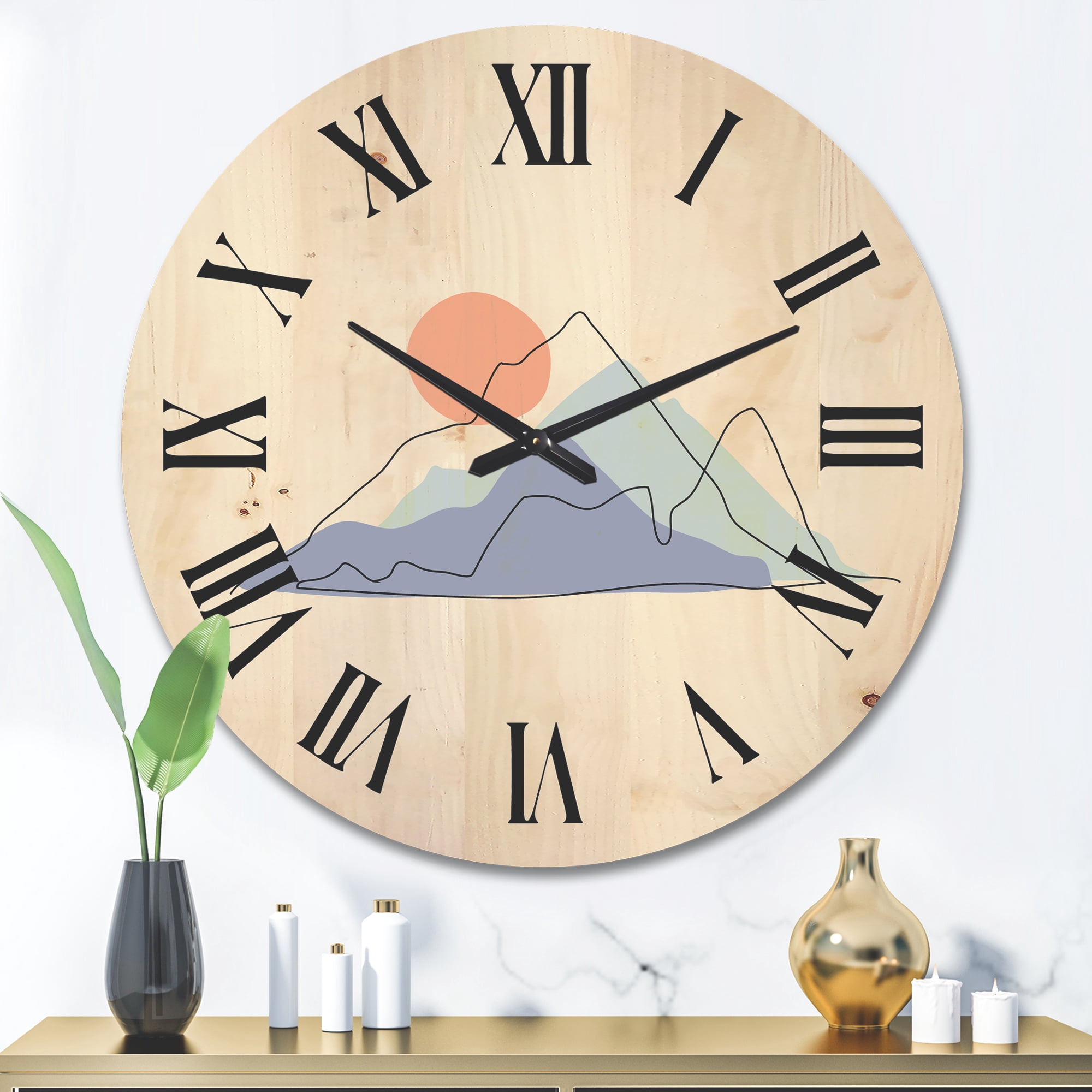 Designart 'Abstract Red Moon With Mountainscape' Modern Wood Wall Clock