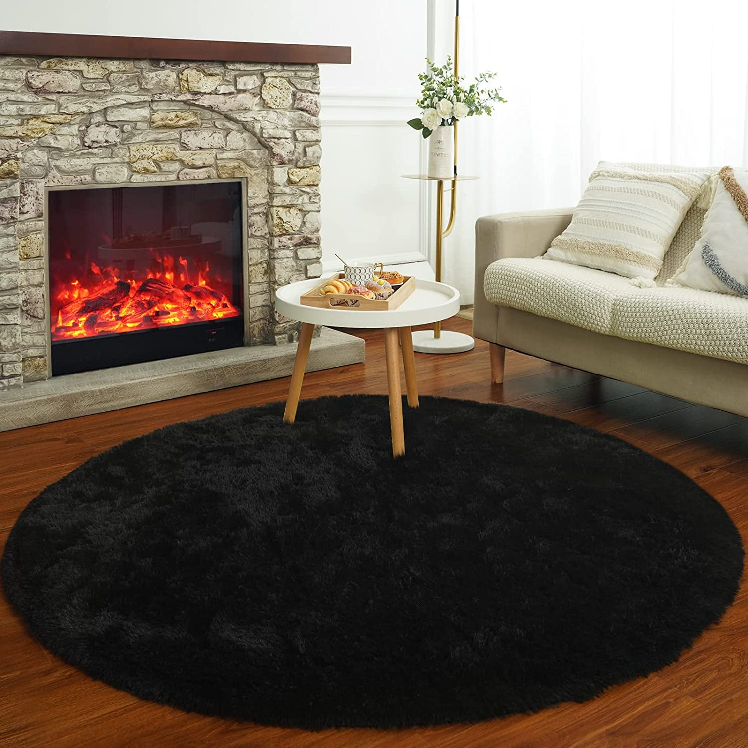 Junovo Luxury Round Fluffy Area Rugs for Bedroom Kids Girls Room Nursery,Super Soft Circle Rug,Cute Shaggy Carpet For Living Room,5'x5',Black
