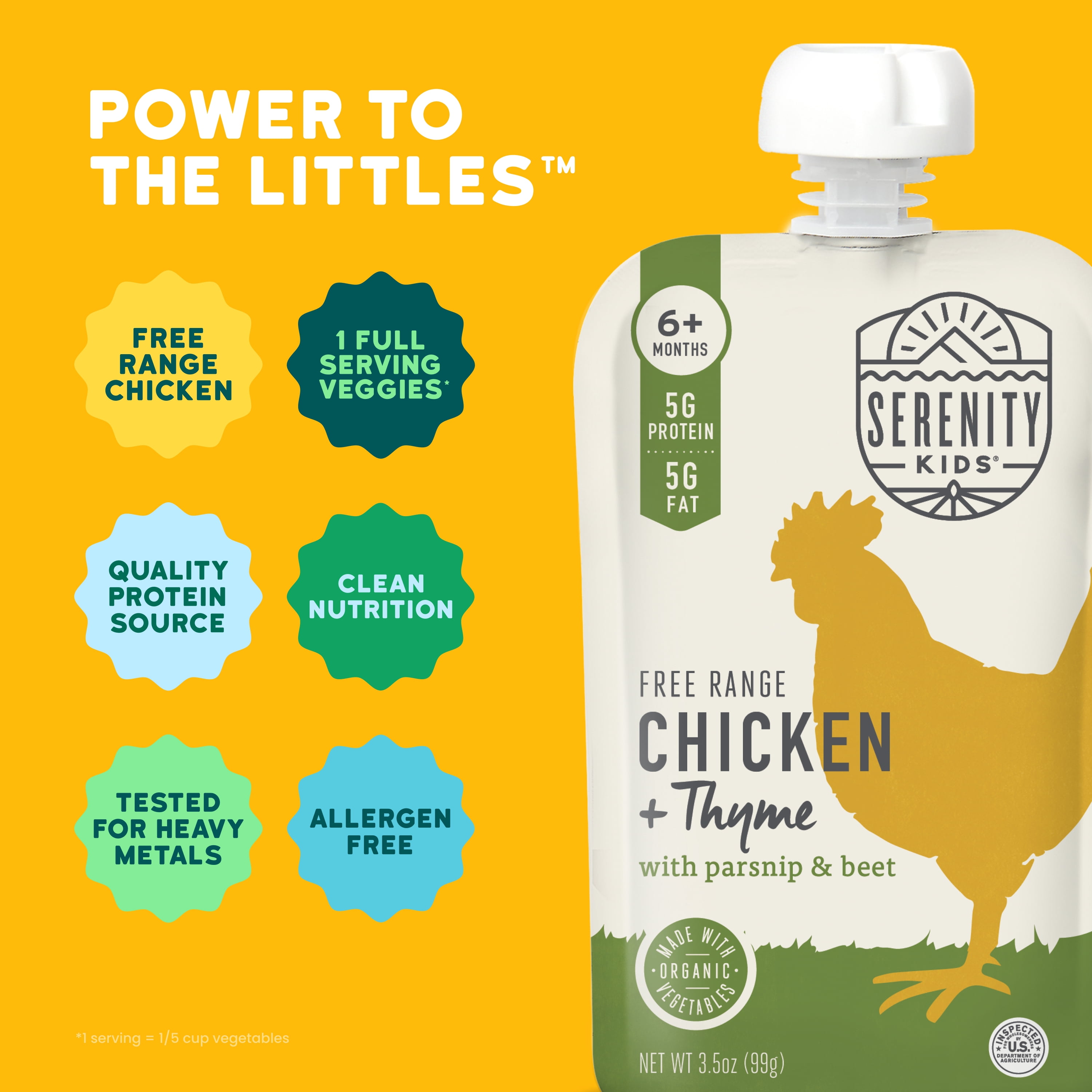 (6 pack) Serenity Kids Free Range Chicken & Thyme Stage 2 Baby Food Organic Parsnip and Beet, 3.5oz Pouch