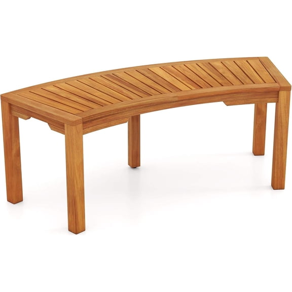 Outdoor Curved Acacia Wood Patio Bench with Slatted Seat, Backless 2-Person Seating for Porch, Yard, or Garden – 800 lbs Capacity
