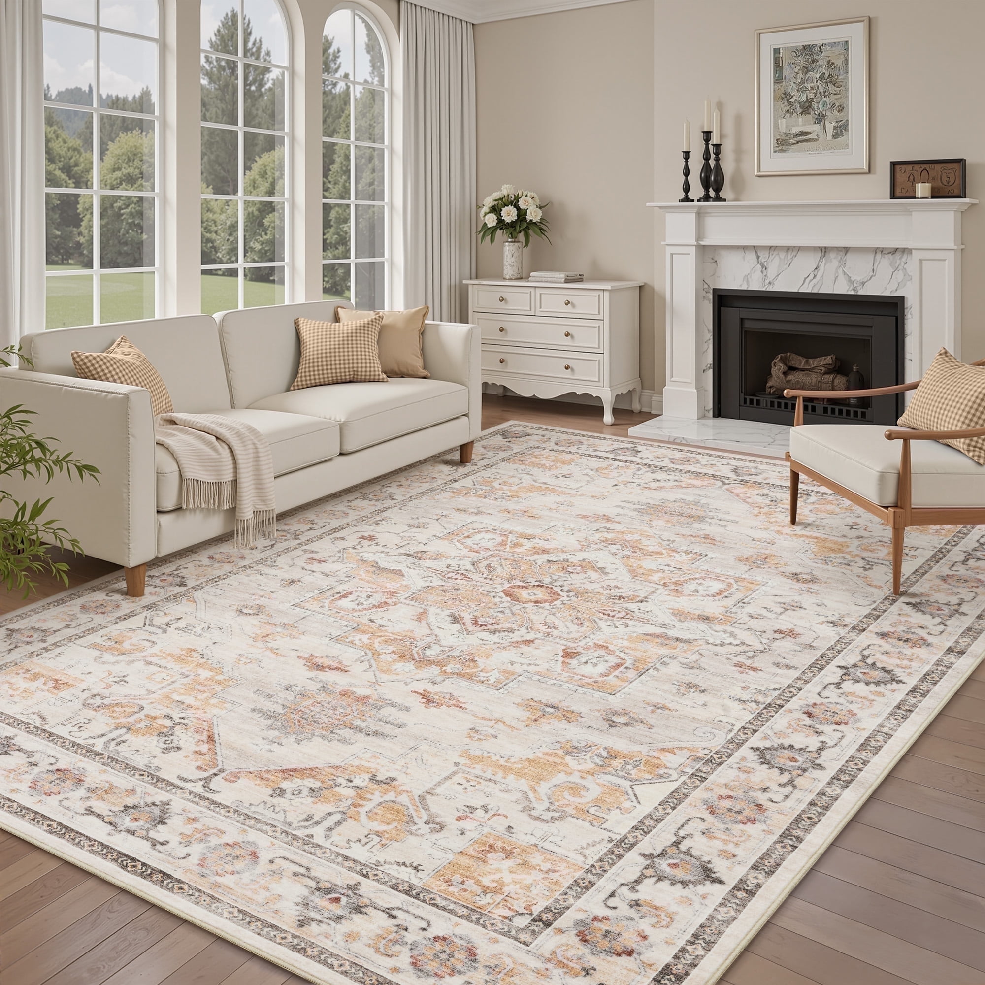 SIXHOME 4'x6' Area Rugs for Living Room Washable Traditional Distressed Carpet Non Slip Soft Retro Floral Indoor Throw Rug for Bedroom Dinning Room Vintage Orange