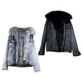 thumbnail image 6 of Winter Women Jacket with Furry Hood Thickened Plush Long Sleeves Pockets Button Closure Flap Pockets Coat Short Type Windproof Warm Denim Coat, 6 of 7