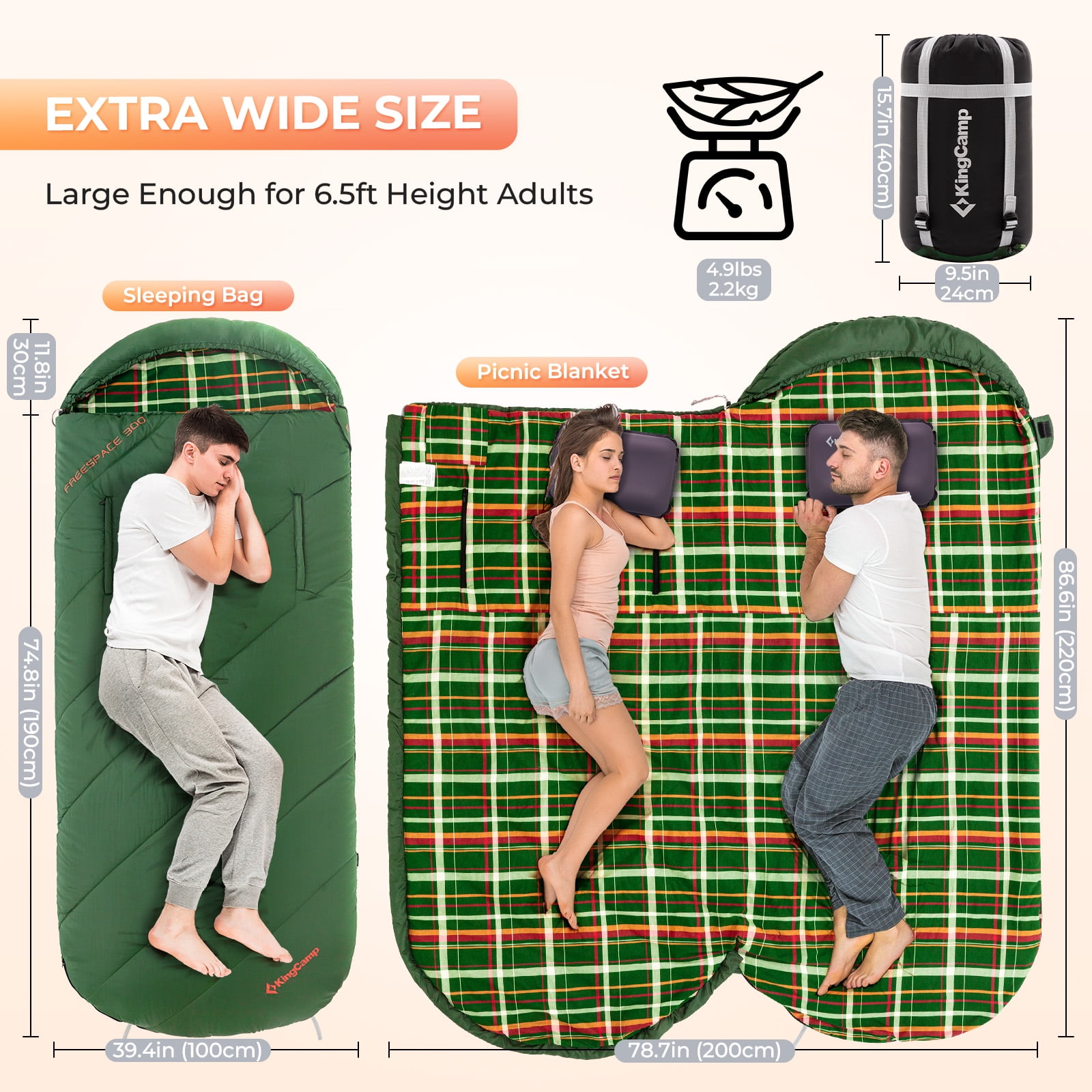 KingCamp Flannel Adults Sleeping Bag with Armhole, Oversized Camping Sleeping Bag , Wearable  Single Sleeping Bags with Cotton Flannel Lining , 9°F-44°F, Green