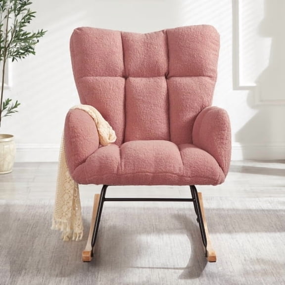 Nmkwnr Modern Rocking Chair with Metal Frame, Upholstered Fabric Accent Chair for Living Room, Bedroom, Office, Pink