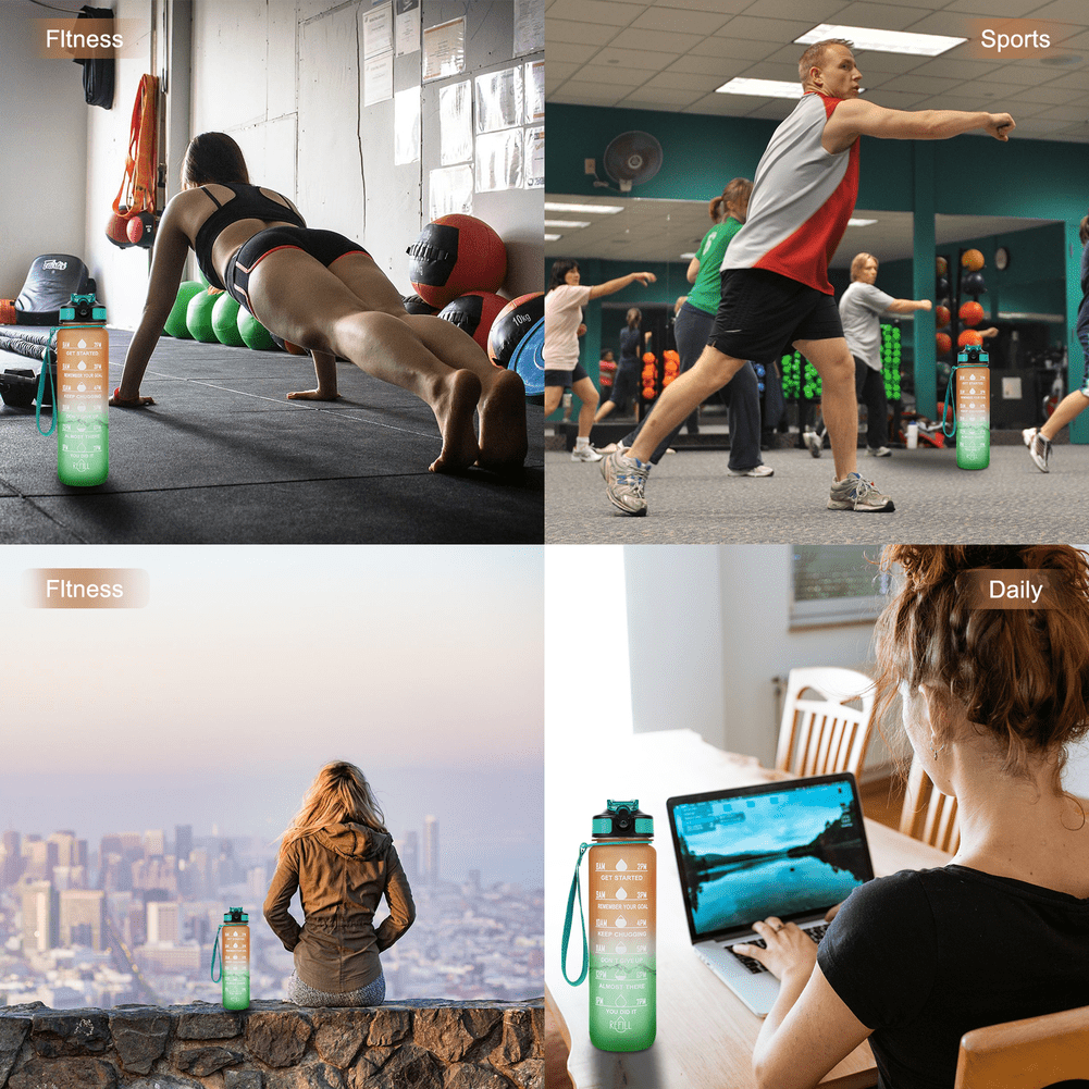 32oz Motivational Water Bottles with Time Marker & Straw, Leak-proof BPA Free Non-Toxic 1L Bottle, Portable Water Jug for Fitness Sports
