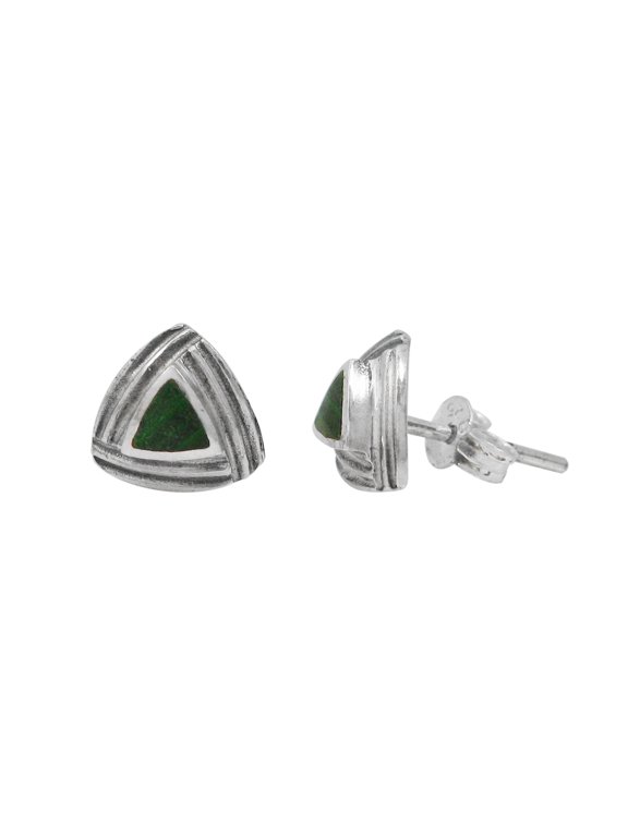 Sterling Silver Triangle Stone Modern Frame Post Stud Earrings, Malachite