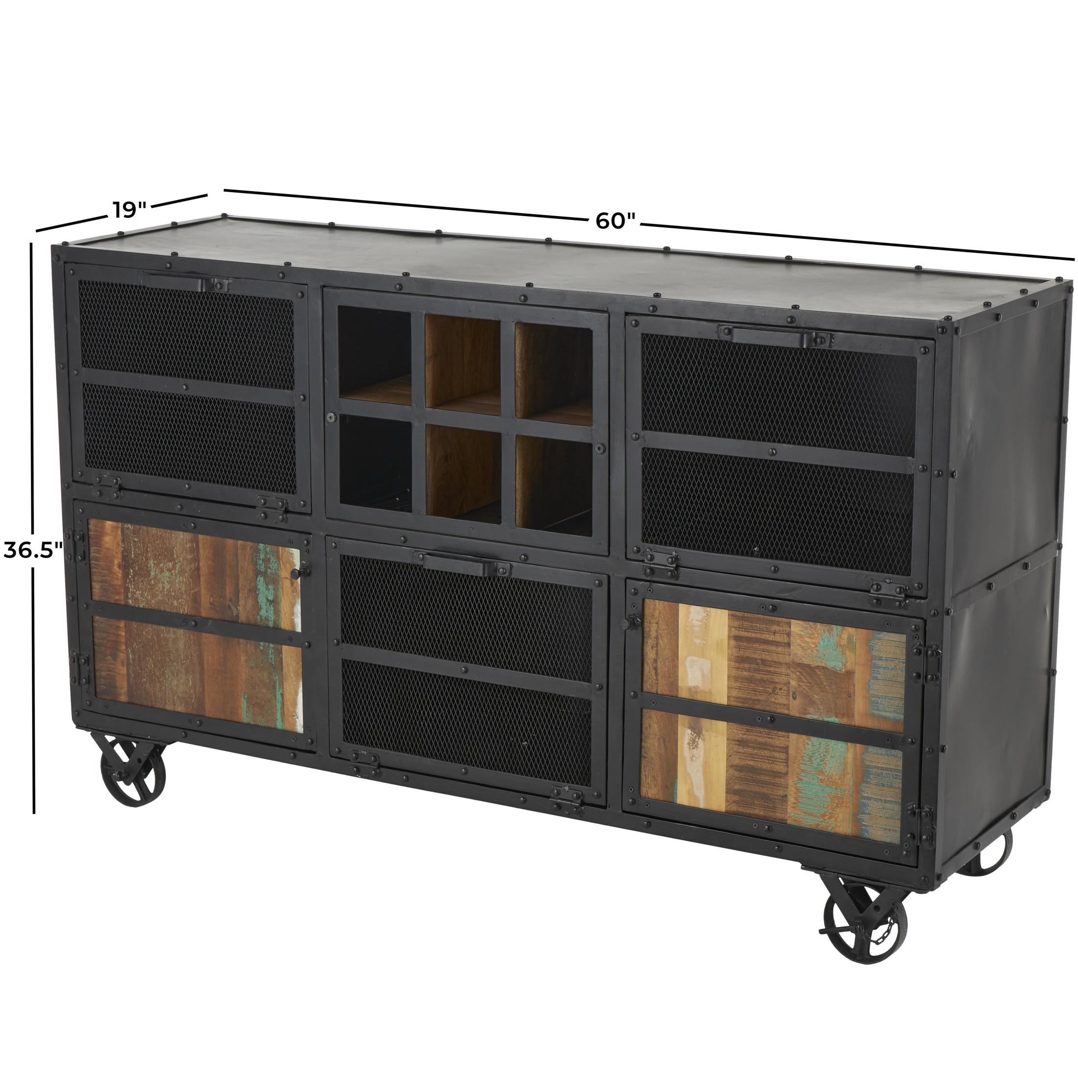 DecMode 60" x 37" Black Metal 2 Door and 3 Shelf Cabinet with 4 Wheels, 1-Piece