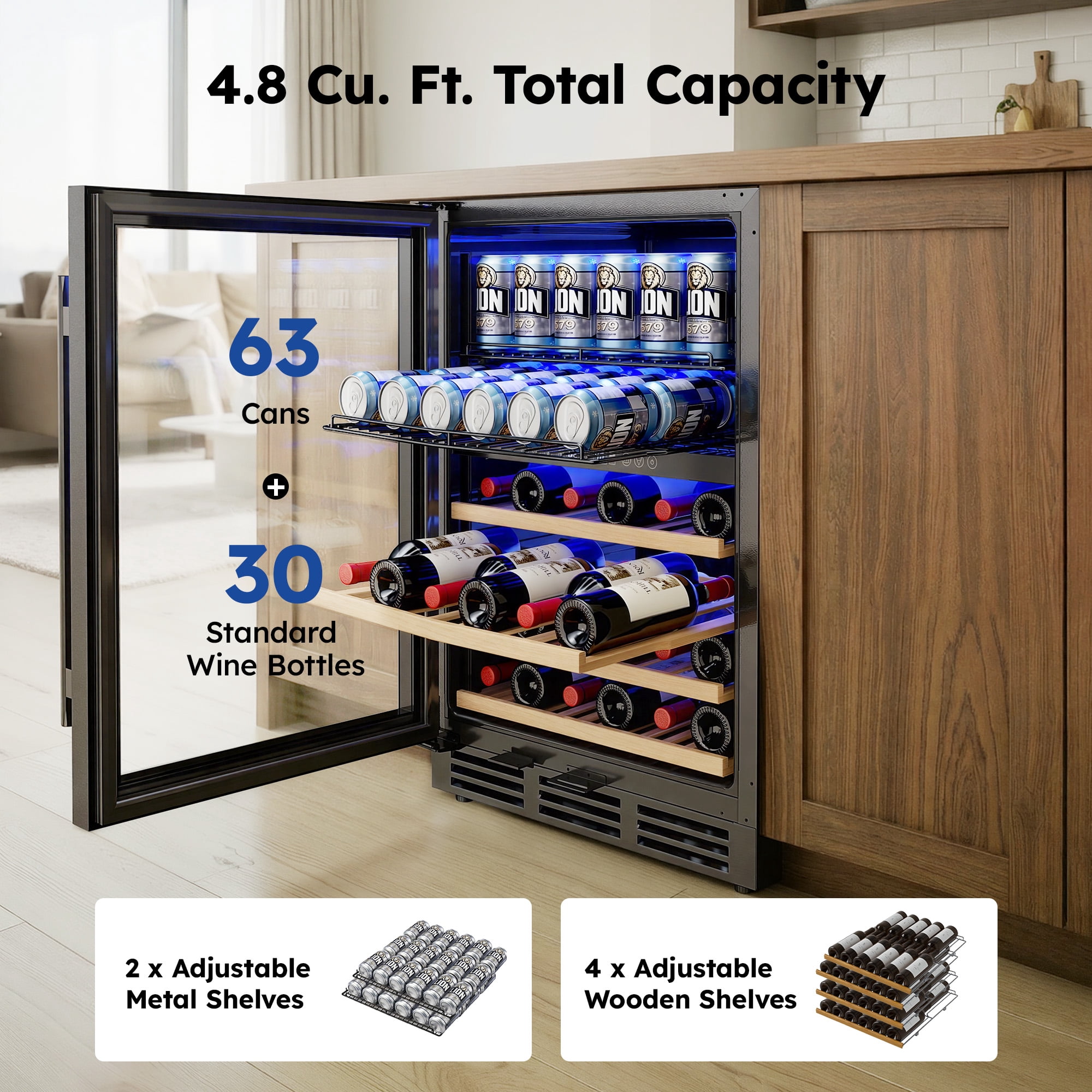 Simzlife 4.5 Cu.ft Dual Zone Beverage Refrigerator Wine Cooler,  Wine Chiller for 30 Bottles Wine & 65 Cans Drink, Adjustable Temperature Control for Home/Office/Bar,Black