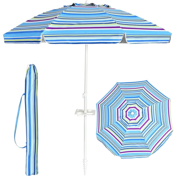 YEXJ 7.2 FT Beach Umbrella, Portable Outdoor Umbrella with Sand Anchor, Adjustable Tilt, Steel Pole, Carrying Bag, Outdoor Sunshade Shelter with Cup Holder for Beach, Poolside (Blue)