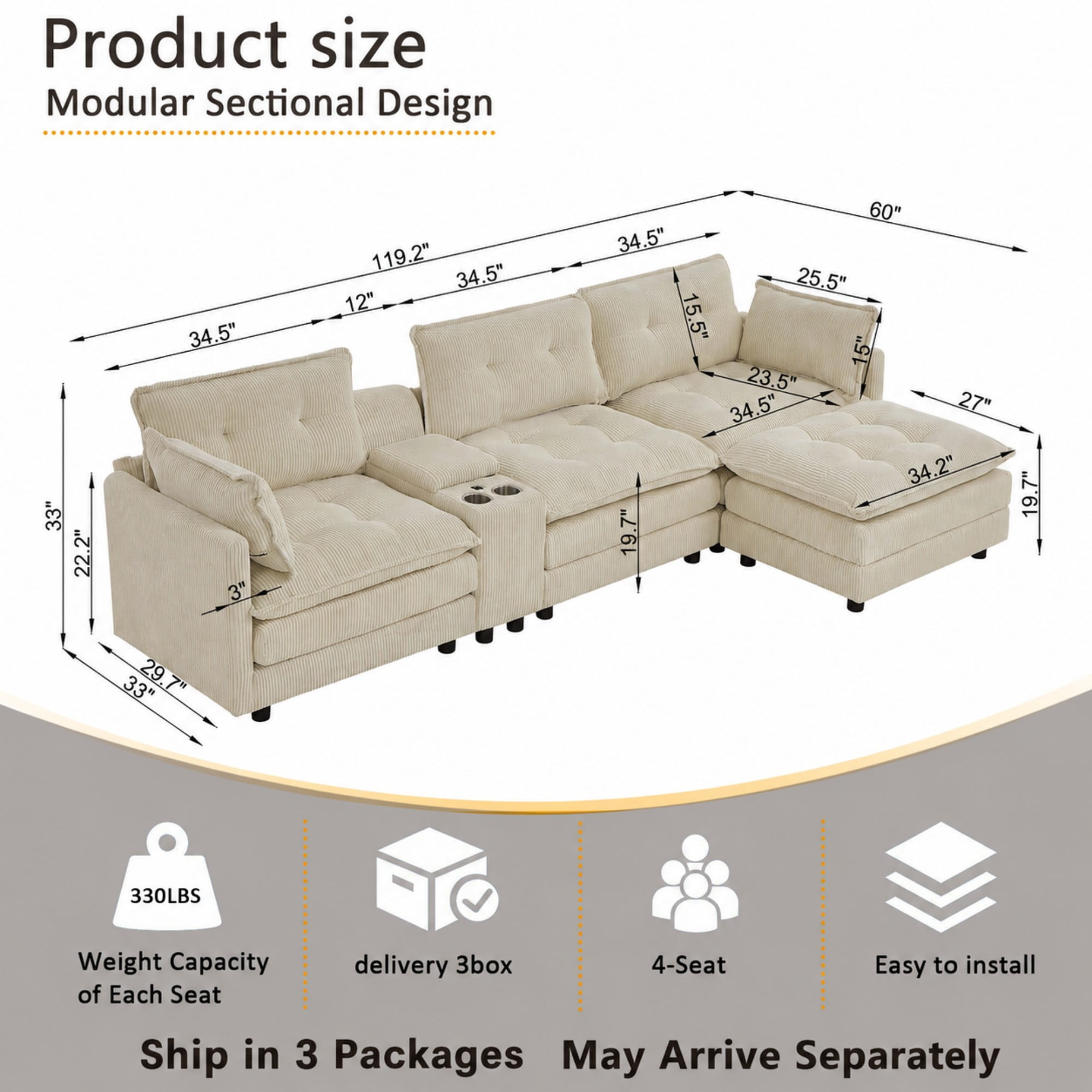 BSHTI 119" 4-Seat Corduroy L-Shaped Sectional Sofa with Multifunctional Console, USB Charging Ports, Cup Holder, Storage for Living Room (Beige)
