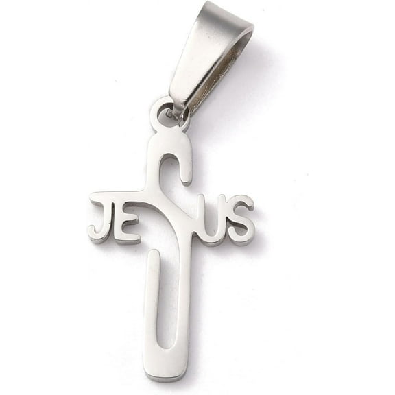 Non-Tarnish Easter 304 Stainless Steel Pendants Cross with Word Jesus Stainless Steel color 21x12x1.2mm Hole: 3.5x7mm