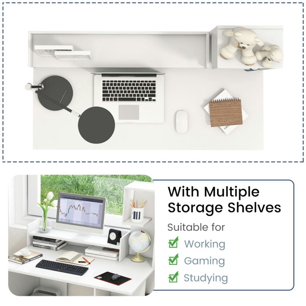 Demi Bonn Modern Computer Desk with Storage Bookshelf and Hutch for Home Office Desk Study Writing Table, White