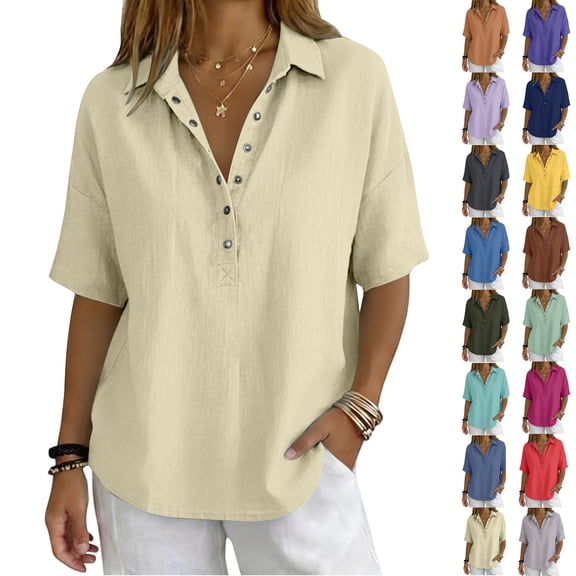 Womens Short Sleeve Shirts Breasted Lapel Blouse Solid Casual Neck Tee Shirt Top Summer Tops 3XL