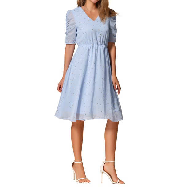 Vestido de mujer estilo CHIC INSPIRE de gasa con estrellas metálicas, mangas fruncidas, escote en V y corte A, color azul