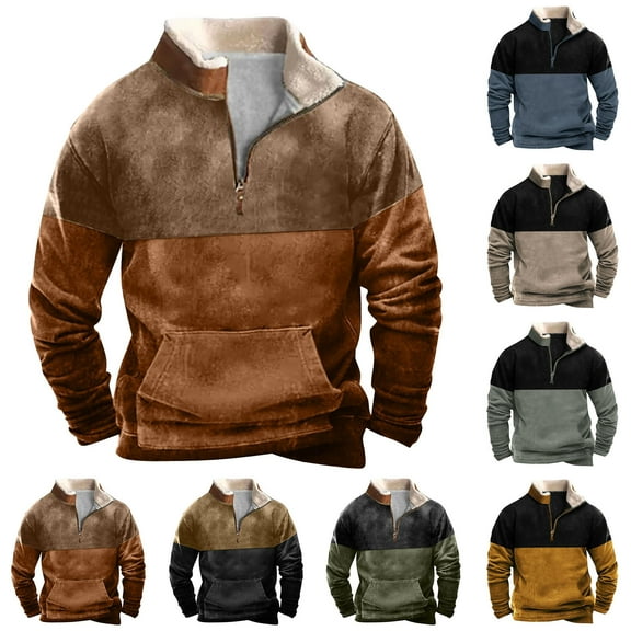 2 Pack S-4X Big & Tall Sweatshirts for Men with Zipper and Pocket Plus Size Fleece Lined Shirts Long Sleeve Pullover Color Block Vintage Sweatshirt Tops