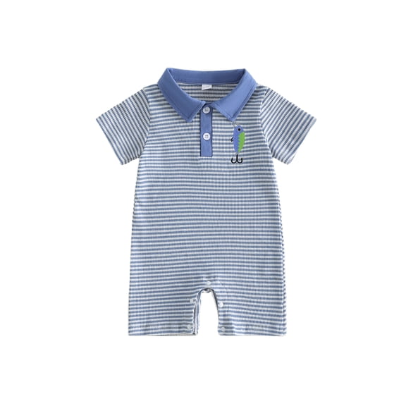 BemeyourBBs Newborn Baby Boy Fishing Outfit Infant Baby Boy Summer Clothes Waffled Stripe Romper One Piece Stripe Embroidery Buttons Turn Down Collar Short Sleeve Bodysuit Jumpsuit