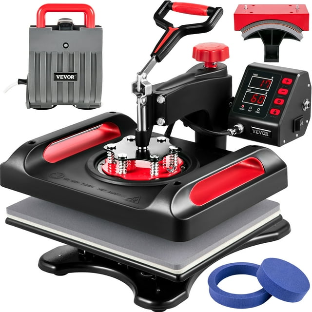 VEVOR Heat Press Machine, 12 x 15 Inches, Fast Heating, 5 in 1 Combo 360 Swing Away Digital Sublimation T-Shirt Vinyl Transfer Printer with Anti-Scald Surface, Hat, Mug, Plate, ETL Listed, Red