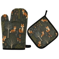 Yayeee Oven Mitts and Pot Holder Set of 2 Heat Resistant Kitchen Gloves Baking Hot Pad, Green Forest Fox Pattern