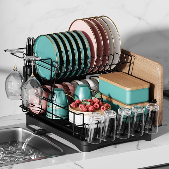 Luckytree Dish Drying Rack, 2-Tier Space-Saving Dish Racks, Dish Drainer for Dish/Knifes/Cup/Cutting Board,12.2"W x 16.54"L,Black