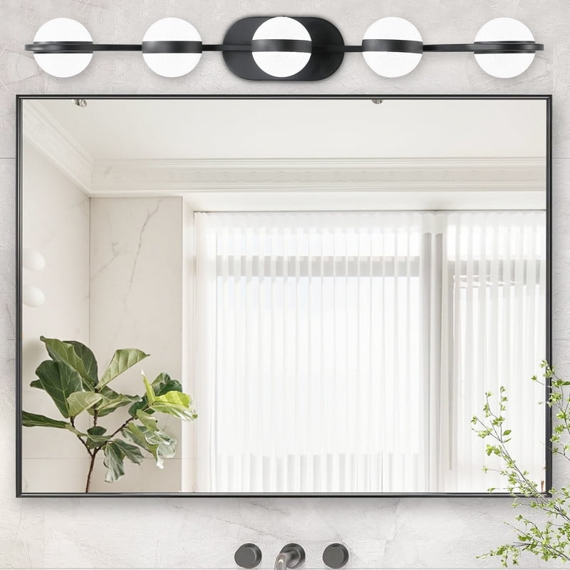 35" Black Minimalist LED Bathroom Vanity Light, 5-Light Wall Mounted Fixture with Crystal Sand Acrylic Shades, Modern Decorative Lighting for Mirror, Sink, and Vanity Area