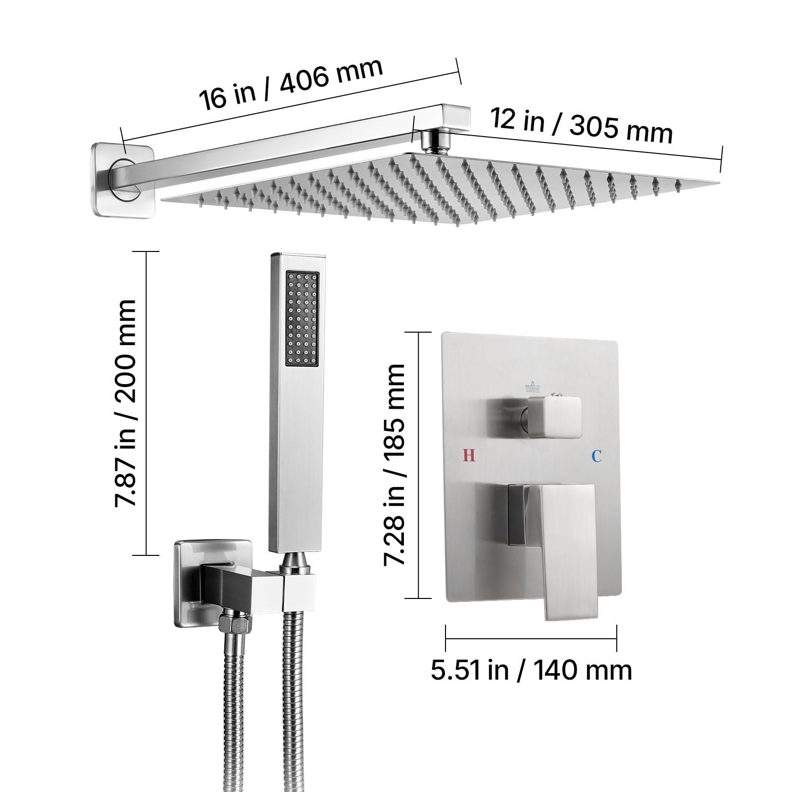 KFFKFF Shower Faucet Set with 12-Inch Square Rain Shower Head and Handheld Spray, Wall-Mounted Bathroom Fixtures with Brass Valve and Trim Kit, Brushed Nickel Finish
