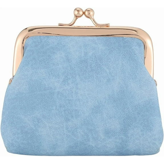 Vintage Kiss Lock Wallet Coin Purse PU Leather Coin Organizer with Clasp Closure Portable Tiny Small Change Purse Key Holder for Jewelry Keys Cash Cards Trinkets Travel Sky Blue 4.5x4.9inch