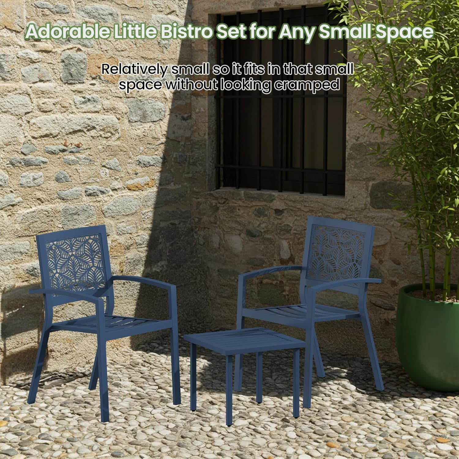 Bezseller 3 Piece Patio Bistro Set, Outdoor Steel Furniture Set, Stackable Modern Conversation Sets for Balcony Garden Deck Patio w/2 Chairs 1 Table, Peacock Blue