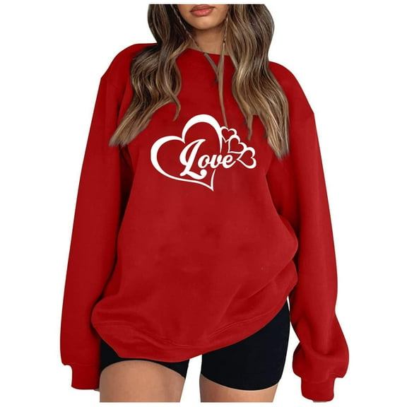 Women's Oversize Long Sleeve Sweatshirts for Women Valentine's Day Gift Heart Graphic Print Round Neck Tee(Red,XL)
