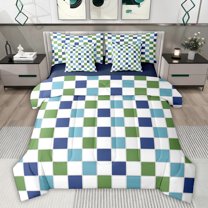 Feelyou Modern Buffalo Plaid Bedding Comforter Set 7 Pieces for Teens, Blue Green Square Full Bedding Set, Simple Fashion Style Reversible Fitted Sheet Flat Sheet, Microfiber Bedroom Decor