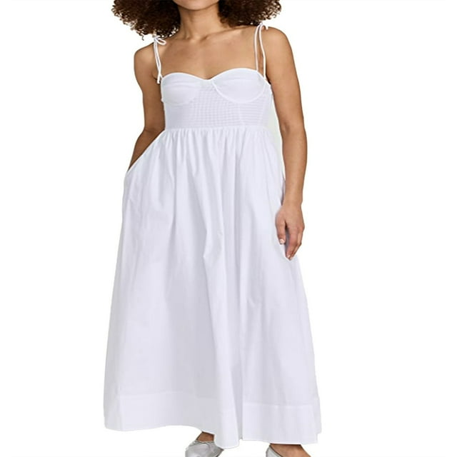 PENGXIANG une-Ligne Robe avec Poches Femmes Midi Robe avec Cravate Bretelles Spaghetti pour un Look d'Été Élégant