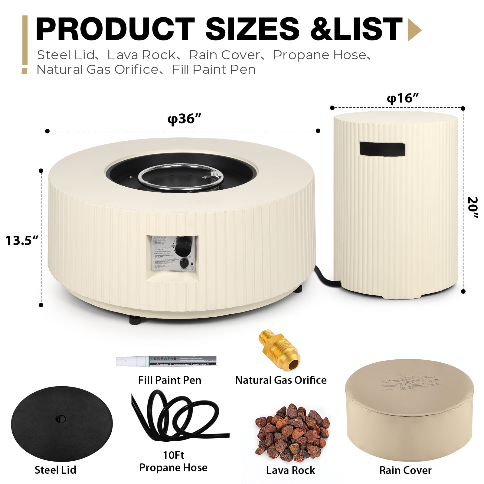 ReeQuo 36” Propane Fire Pit Table Outdoor Gas Fire pits with Tank Cover & Lid, 50,000 BTU Round Concrete Fire Table