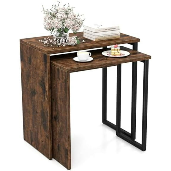 Nesting Coffee Table Set of 2, Modern Stacking Sofa Side Tables with Faux Wood Top & Heavy Duty Metal Frame, Industrial Small Accent End Tables for Living Room, Bedroom, Rustic Brown