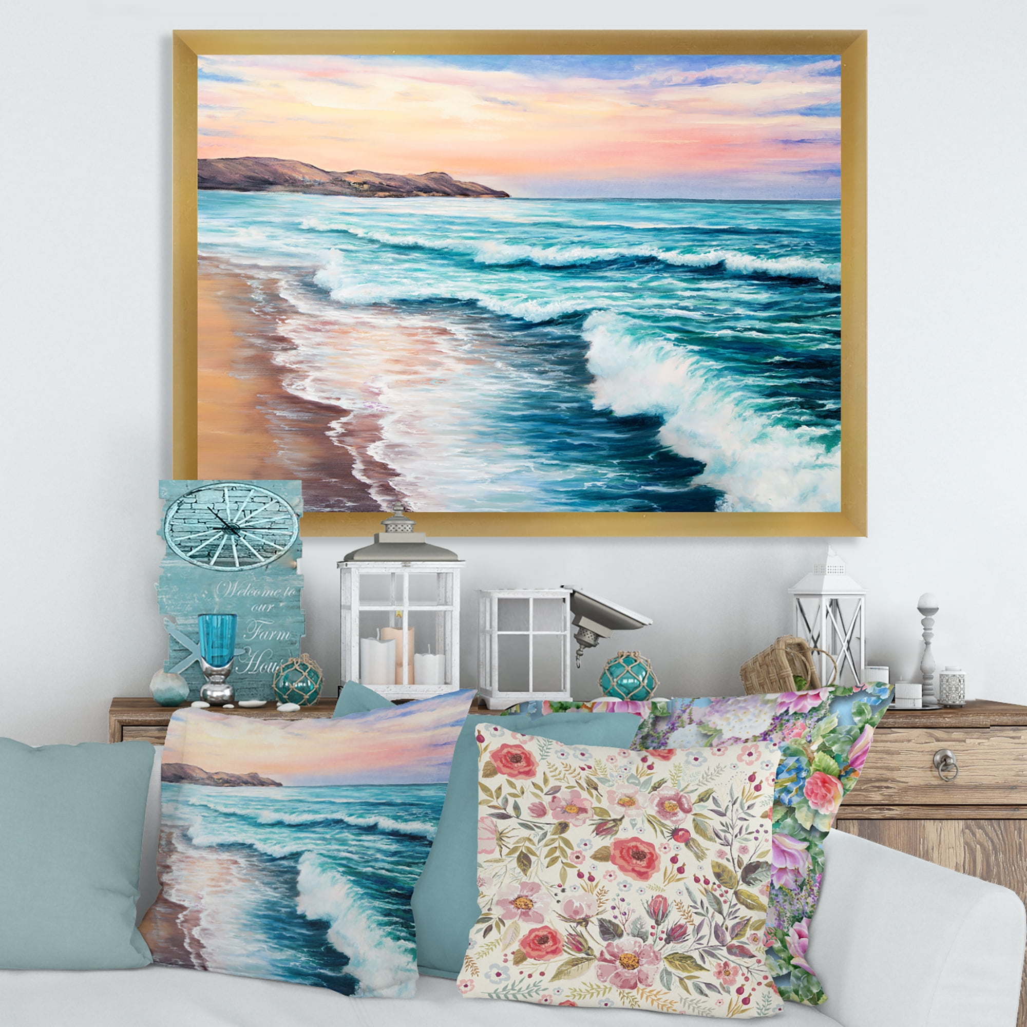 Designart 'Sunrise Glow On The Ocean Waves III' Nautical & Coastal Framed Art Print